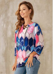 3/4 Sleeve Lace Up Geometric Print T Shirt