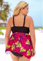 Plus Size Leaf Print Asymmetric Hem Swimdress and Panty