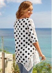 3/4 Sleeve Lace Stitching Polka Dot T Shirt