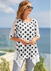 3/4 Sleeve Lace Stitching Polka Dot T Shirt