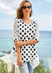 3/4 Sleeve Lace Stitching Polka Dot T Shirt