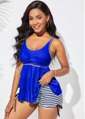 Layered Ruffle Hem Twist Front Striped Tankini Set 
