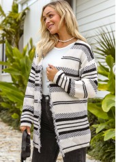 Long Sleeve Open Front Striped Tassel Cardigan