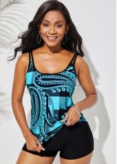 Double Straps Paisley Print Plaid Mid Waist Tankini Set 