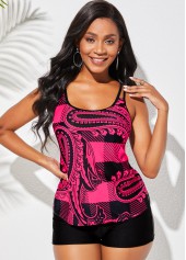 Double Straps Paisley Print Plaid Mid Waist Tankini Set 