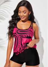 Double Straps Paisley Print Plaid Mid Waist Tankini Set 