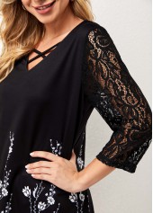 Lace Stitching Black Asymmetric Hem T Shirt