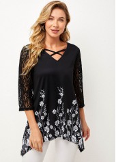Lace Stitching Black Asymmetric Hem T Shirt