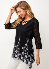 Lace Stitching Black Asymmetric Hem T Shirt
