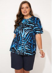 Plus Size Short Sleeve Leaf Print Tankini Set