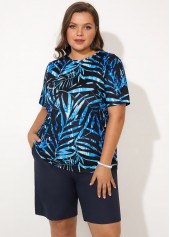 Plus Size Short Sleeve Leaf Print Tankini Set