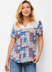Short Sleeve Split Neck Lace Patchwork T Shirt