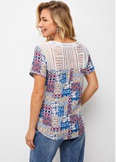 Short Sleeve Split Neck Lace Patchwork T Shirt