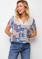 Short Sleeve Split Neck Lace Patchwork T Shirt