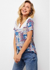 Short Sleeve Split Neck Lace Patchwork T Shirt