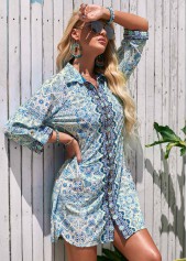 Turndown Collar 3/4 Sleeve Printed Cover Up