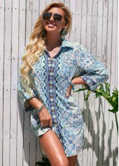 Turndown Collar 3/4 Sleeve Printed Cover Up