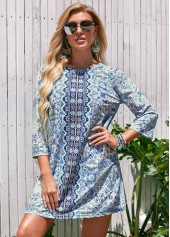 Round Neck 3/4 Sleeve Printed Cover Up