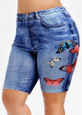Butterfly Print High Waisted Plus Size Denim Shorts
