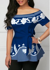 Tie Side Geometric Print Off Shoulder T Shirt