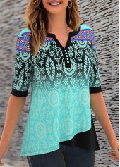 Printed Split Neck Button Detail T Shirt
