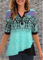 Printed Split Neck Button Detail T Shirt