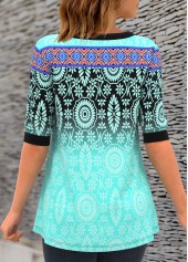 Printed Split Neck Button Detail T Shirt