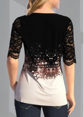 Button Detail Lace Patchwork Split Neck T Shirt