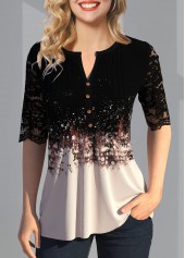 Button Detail Lace Patchwork Split Neck T Shirt