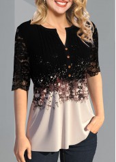 Button Detail Lace Patchwork Split Neck T Shirt