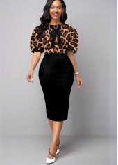 Puff Sleeve Bowknot Leopard Bodycon Dress