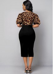 Puff Sleeve Bowknot Leopard Bodycon Dress