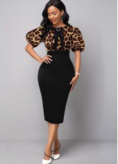 Puff Sleeve Bowknot Leopard Bodycon Dress