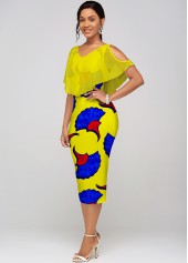 V Neck Chiffon Cape Printed Dress