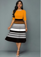 Contrast Striped Round Neck A Line Dress