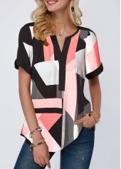 Split Neck Short Sleeve Geometric Print Blouse
