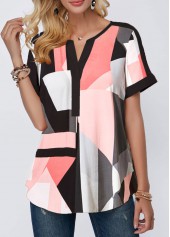 Split Neck Short Sleeve Geometric Print Blouse