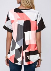 Split Neck Short Sleeve Geometric Print Blouse