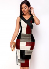 V Neck Geometric Print Sleeveless Dress