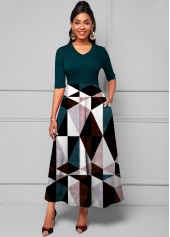 Pocket V Neck Geometric Print Dress