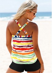Plus Size Cross Strap Rainbow Stripe Tankini Set