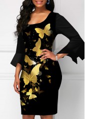 Butterfly Print Hanky Sleeve Square Collar Dress