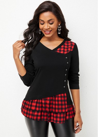 Christmas Rosewe Women Red Plaid Print V Neck Holiday T Shirt Xmas Long Sleeve Tunic Top - L