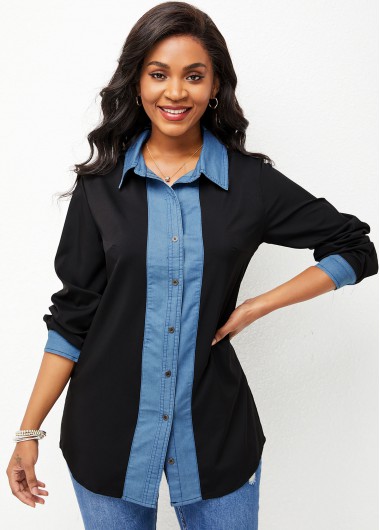 Women&apos;S Black Button Up Long Sleeve Fall Shirt Roll Tab Sleeve Turndown Collar Tunic Casual Top By Rosewe - M