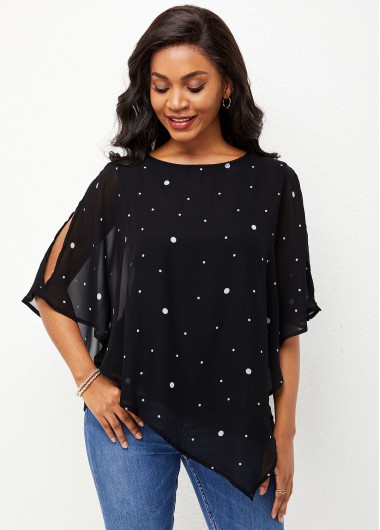 Rosewe Slit Sleeve Polka Dot Mesh Stitching T Shirt - L
