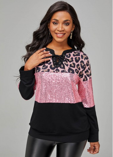 Rosewe Lace Up Leopard Sequin Panel Sweatshirt - L