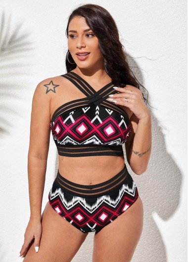 Rosewe High Waisted Tribal Print Criss Cross Neck Bikini Set - S