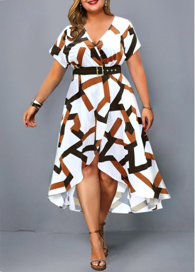 Rosewe Geometric Print Asymmetric Hem Plus Size Dress - 2X