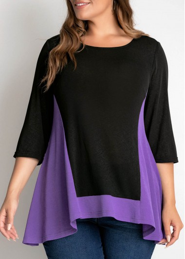 Rosewe Contrast 3/4 Sleeve Plus Size Round Neck T Shirt - 1X