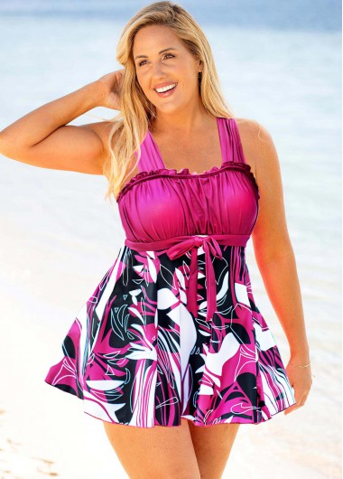 Rosewe Printed Bowknot Plus Size Swimdress and Panty - 3X